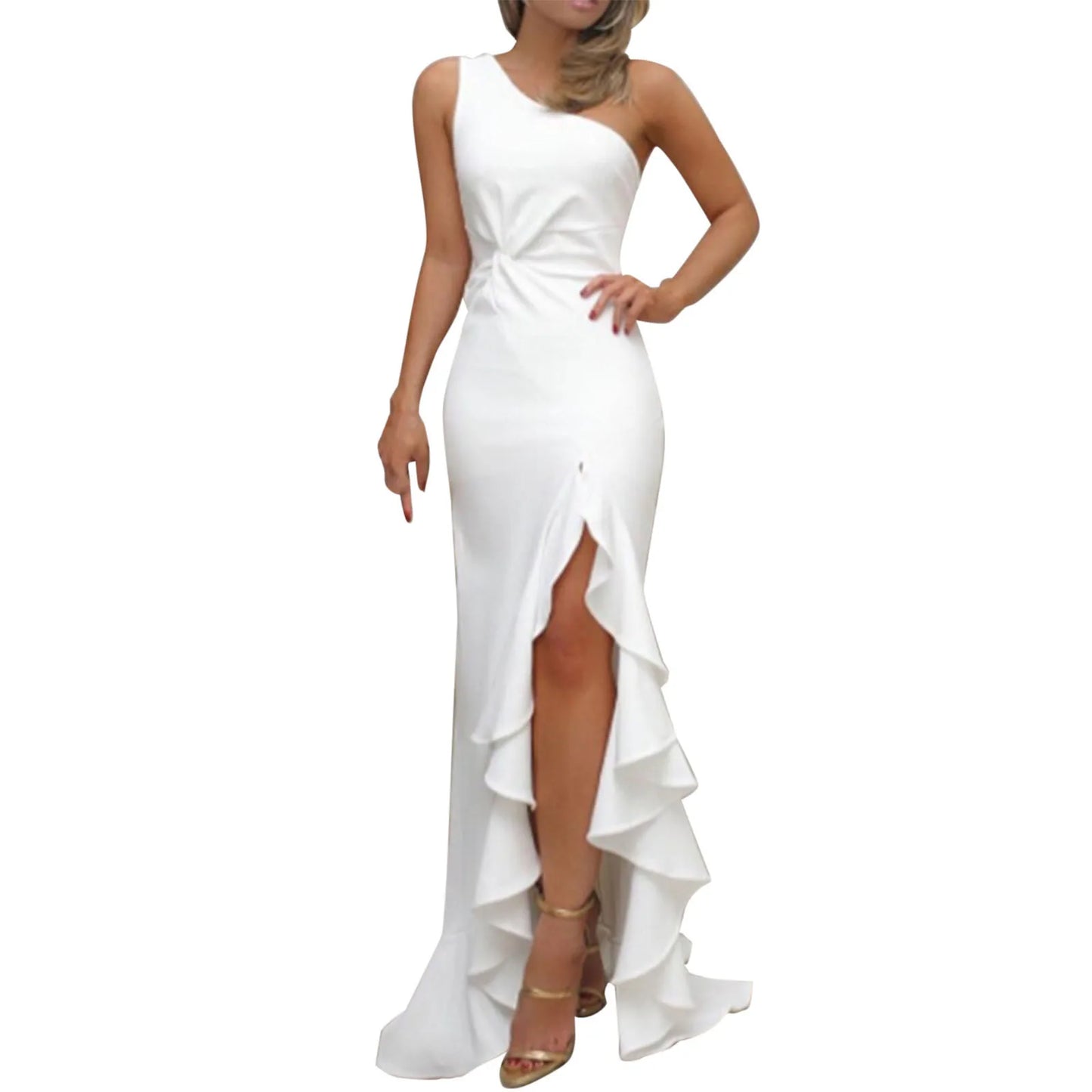 Evening Gown- One Shoulder Ruched Ruffle Formal Evening Maxi Dress- - IndioGear Women Clothing