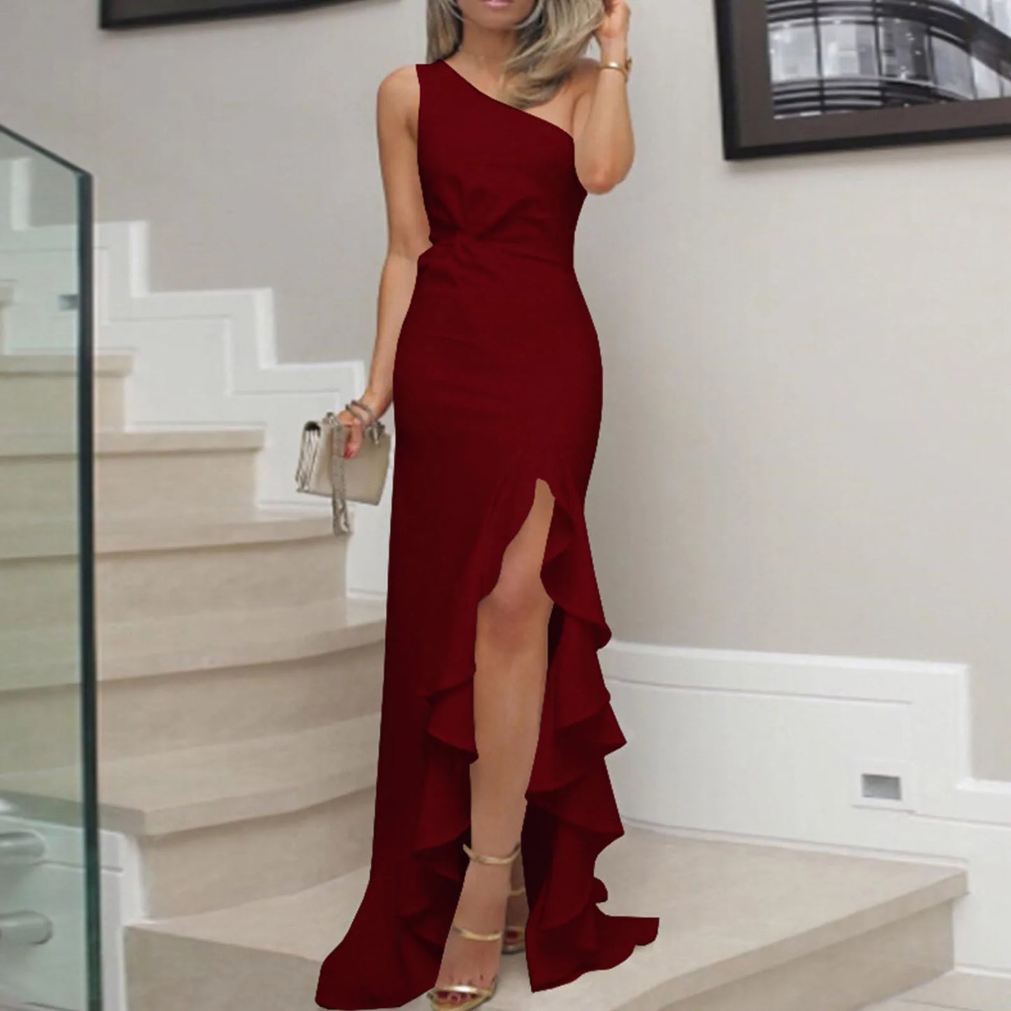 Evening Gown- One Shoulder Ruched Ruffle Formal Evening Maxi Dress- Red- IndioGear Women Clothing