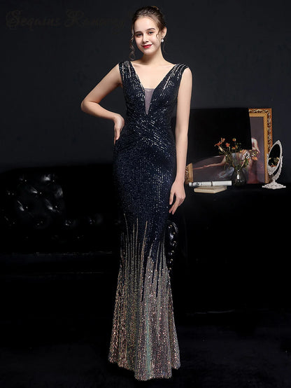 Evening Gown- Red Carpet Ready Sequin Mermaid Floor Length Dress- Dark Blue- IndioGear Women Clothing