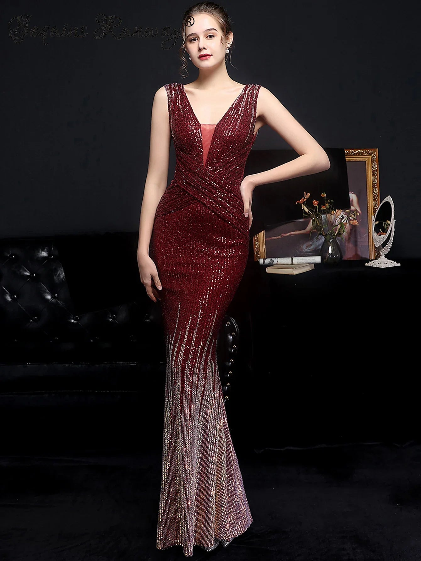 Evening Gown- Red Carpet Ready Sequin Mermaid Floor Length Dress- Wine- IndioGear Women Clothing