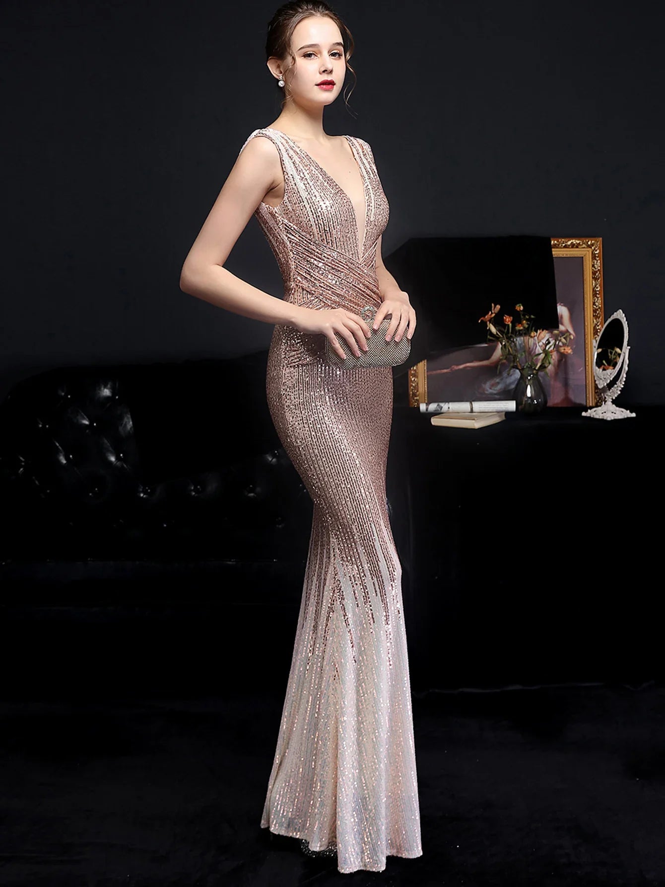 Evening Gown- Red Carpet Ready Sequin Mermaid Floor Length Dress- - IndioGear Women Clothing