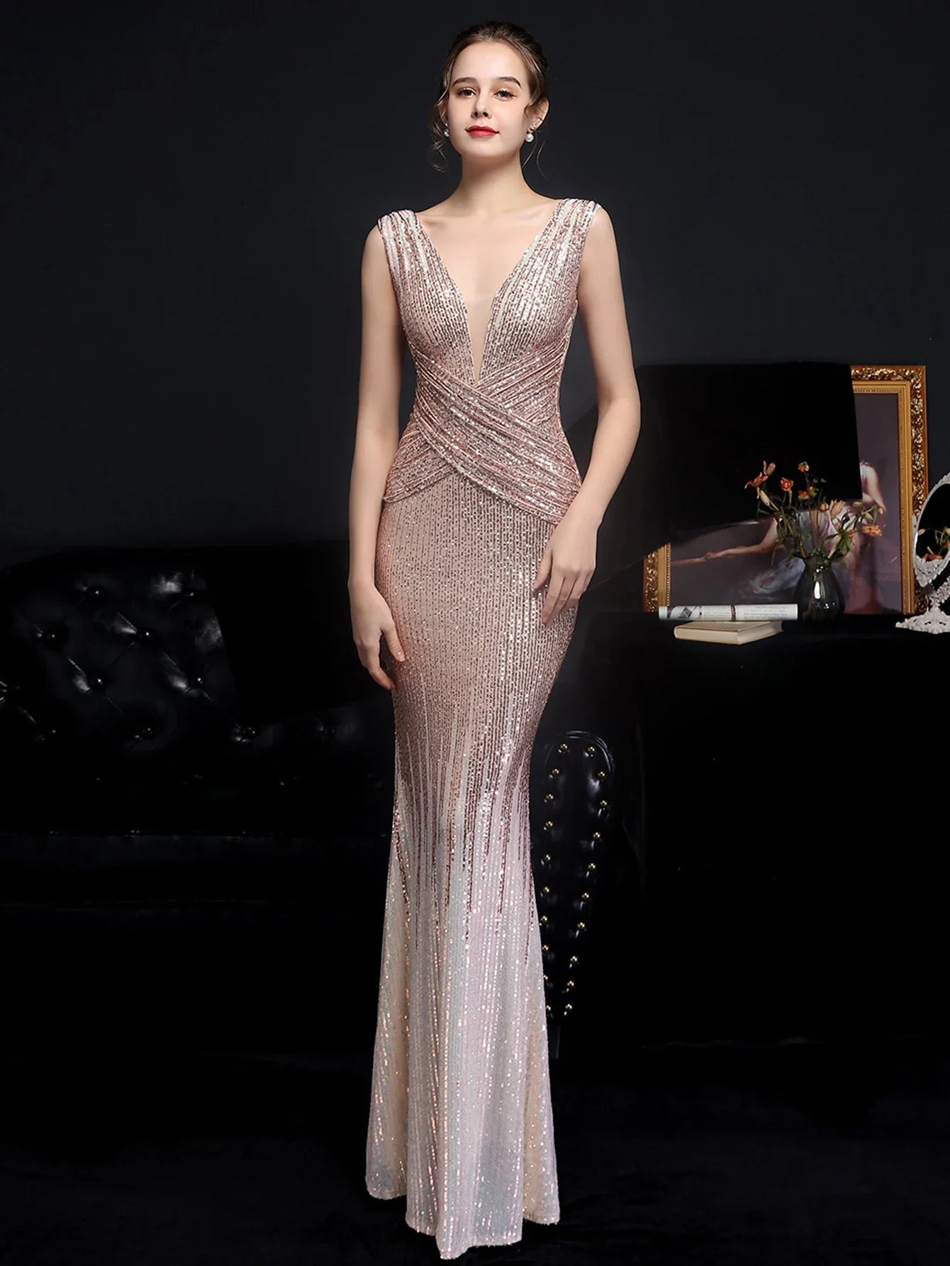 Evening Gown- Red Carpet Ready Sequin Mermaid Floor Length Dress- - IndioGear Women Clothing