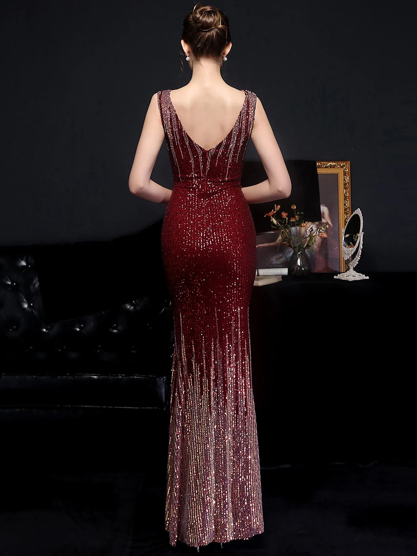 Evening Gown- Red Carpet Ready Sequin Mermaid Floor Length Dress- - IndioGear Women Clothing