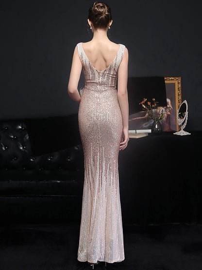 Evening Gown- Red Carpet Ready Sequin Mermaid Floor Length Dress- - IndioGear Women Clothing