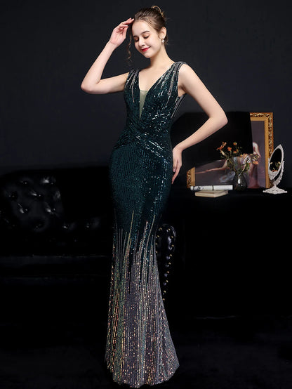 Evening Gown- Red Carpet Ready Sequin Mermaid Floor Length Dress- - IndioGear Women Clothing