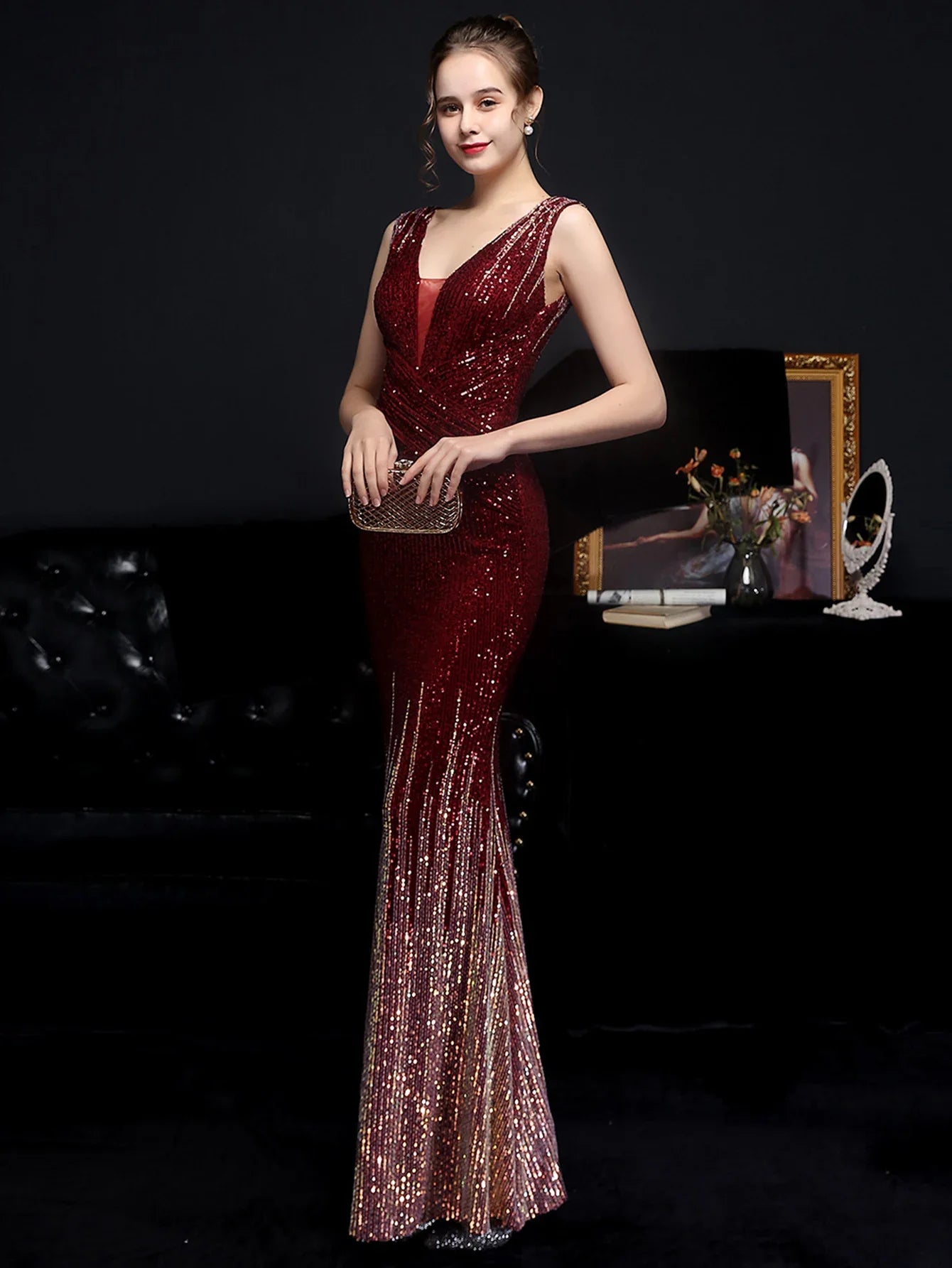 Evening Gown- Red Carpet Ready Sequin Mermaid Floor Length Dress- - IndioGear Women Clothing