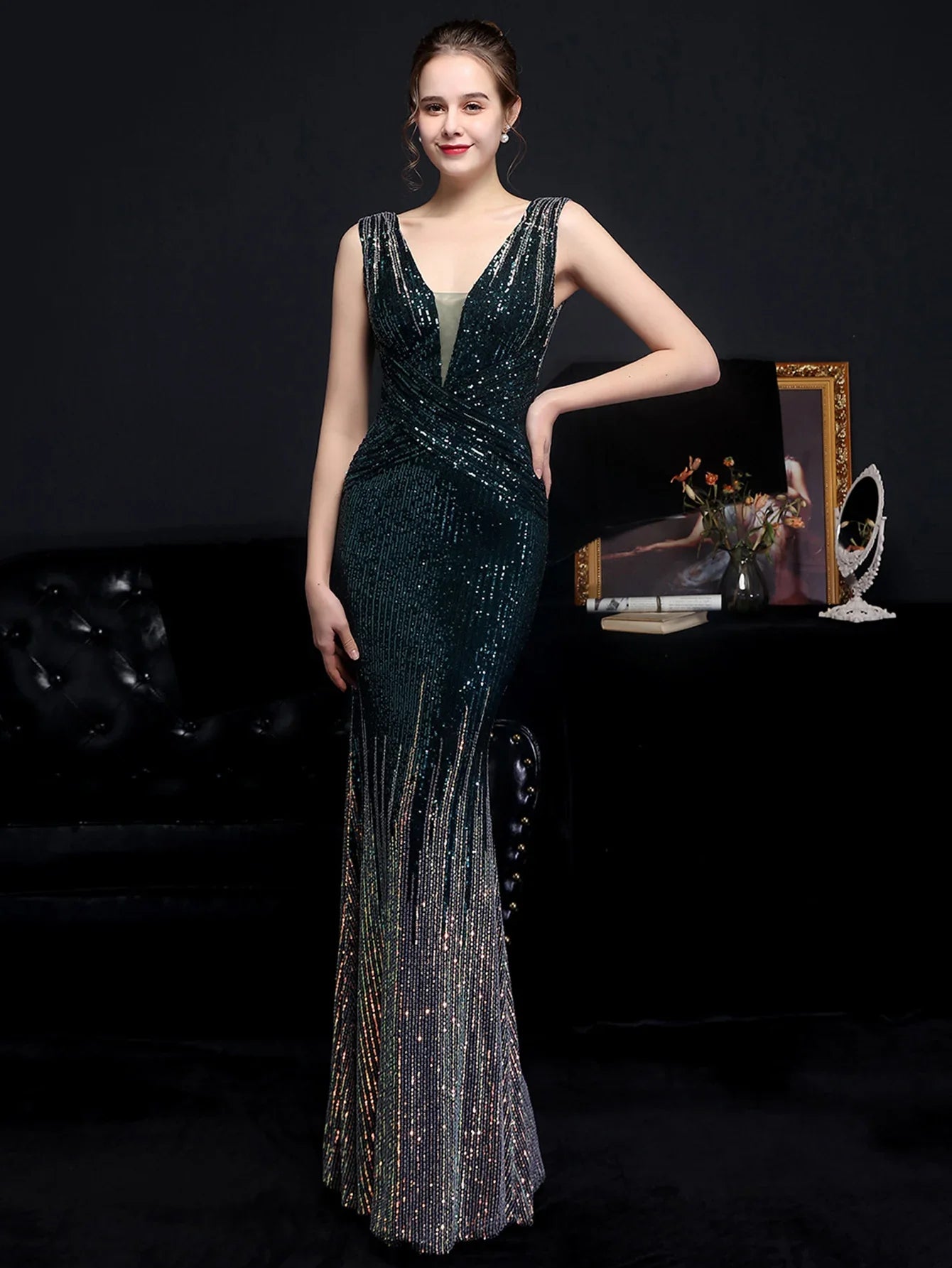 Evening Gown- Red Carpet Ready Sequin Mermaid Floor Length Dress- - IndioGear Women Clothing