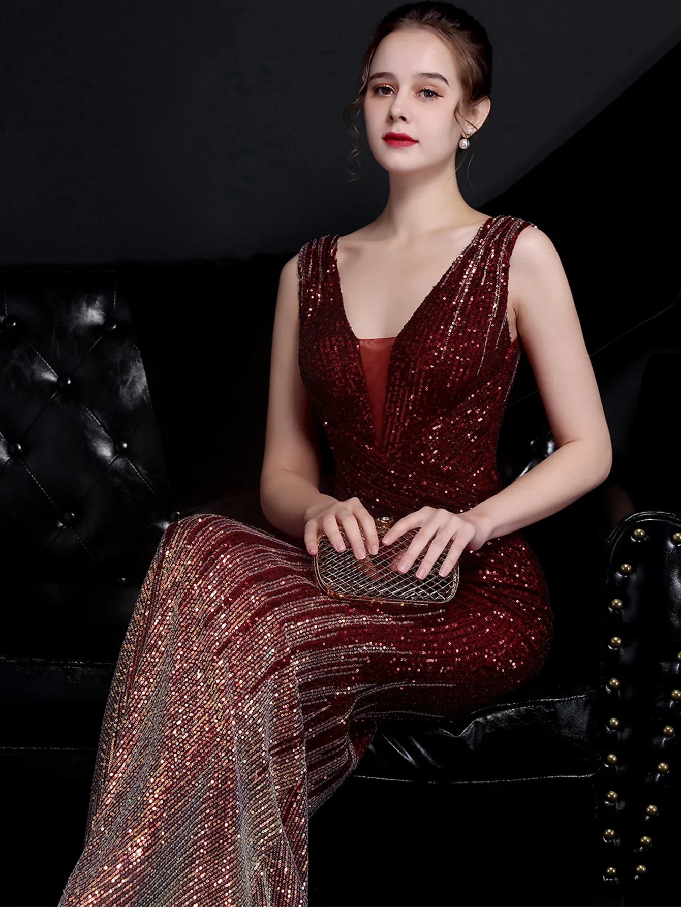 Evening Gown- Red Carpet Ready Sequin Mermaid Floor Length Dress- - IndioGear Women Clothing