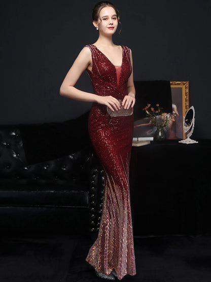 Evening Gown- Red Carpet Ready Sequin Mermaid Floor Length Dress- - IndioGear Women Clothing