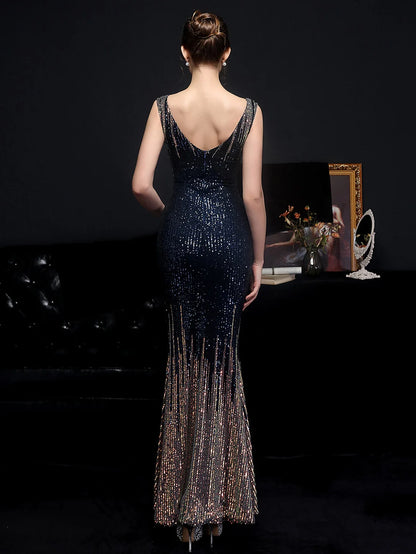 Evening Gown- Red Carpet Ready Sequin Mermaid Floor Length Dress- - IndioGear Women Clothing