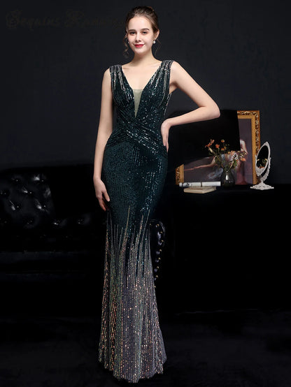 Evening Gown- Red Carpet Ready Sequin Mermaid Floor Length Dress- Green- IndioGear Women Clothing