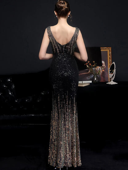 Evening Gown- Red Carpet Ready Sequin Mermaid Floor Length Dress- - IndioGear Women Clothing