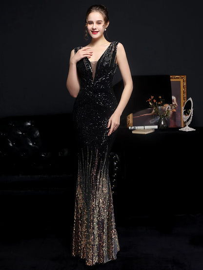 Evening Gown- Red Carpet Ready Sequin Mermaid Floor Length Dress- - IndioGear Women Clothing