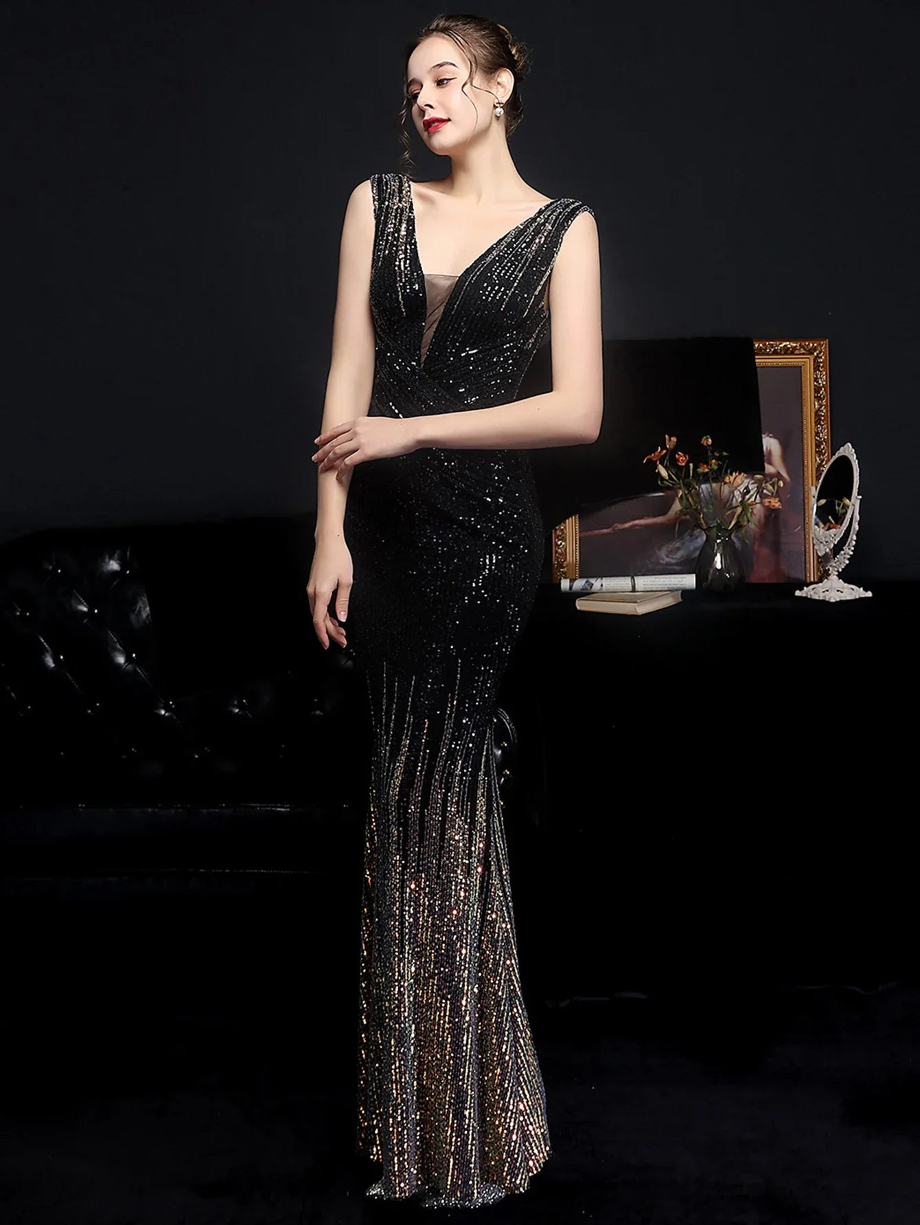 Evening Gown- Red Carpet Ready Sequin Mermaid Floor Length Dress- - IndioGear Women Clothing