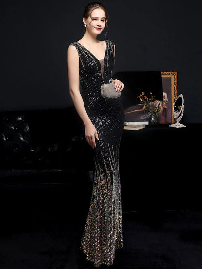 Evening Gown- Red Carpet Ready Sequin Mermaid Floor Length Dress- - IndioGear Women Clothing