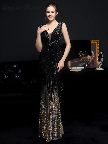 Evening Gown- Red Carpet Ready Sequin Mermaid Floor Length Dress- Black- IndioGear Women Clothing