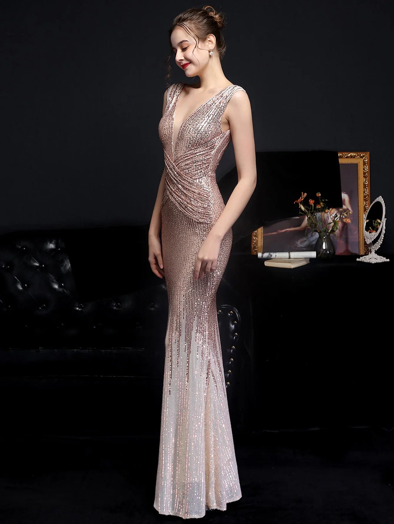 Evening Gown- Red Carpet Ready Sequin Mermaid Floor Length Dress- - IndioGear Women Clothing