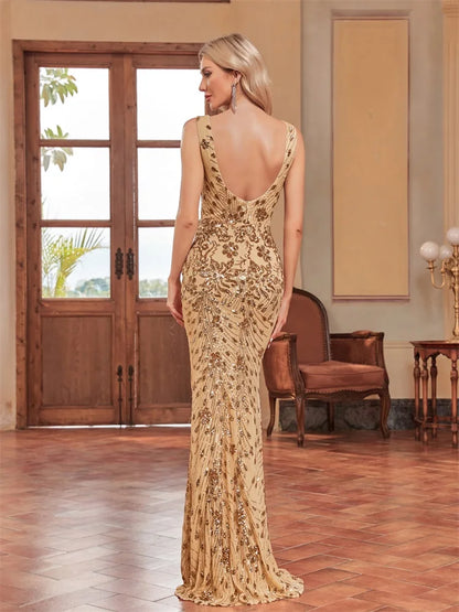 Evening Gown- Sequined Deep Ocean Backless Luxury Mermaid Maxi Dress- - IndioGear Women Clothing