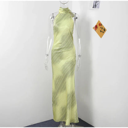 Evening Gown- Sheath Satin Striped Maxi – Backless and Bold- Yellow- IndioGear Women Clothing