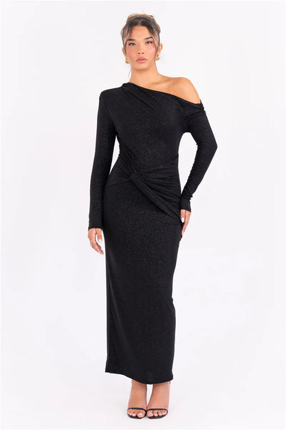 Evening Gown- Shimmer Ruched Maxi Dress – Glam Evening Gown- - IndioGear Women Clothing