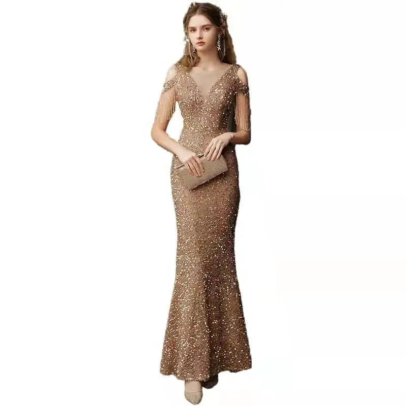 Evening Gown- Sparkling Sequin Fishtail Gown for Gala Nights- - IndioGear Women Clothing