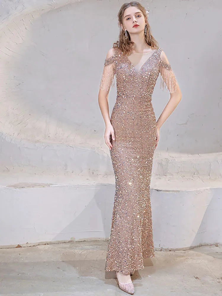 Evening Gown- Sparkling Sequin Fishtail Gown for Gala Nights- - IndioGear Women Clothing