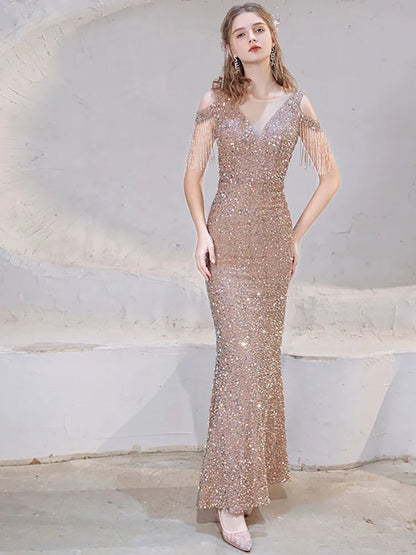 Evening Gown- Sparkling Sequin Fishtail Gown for Gala Nights- - IndioGear Women Clothing