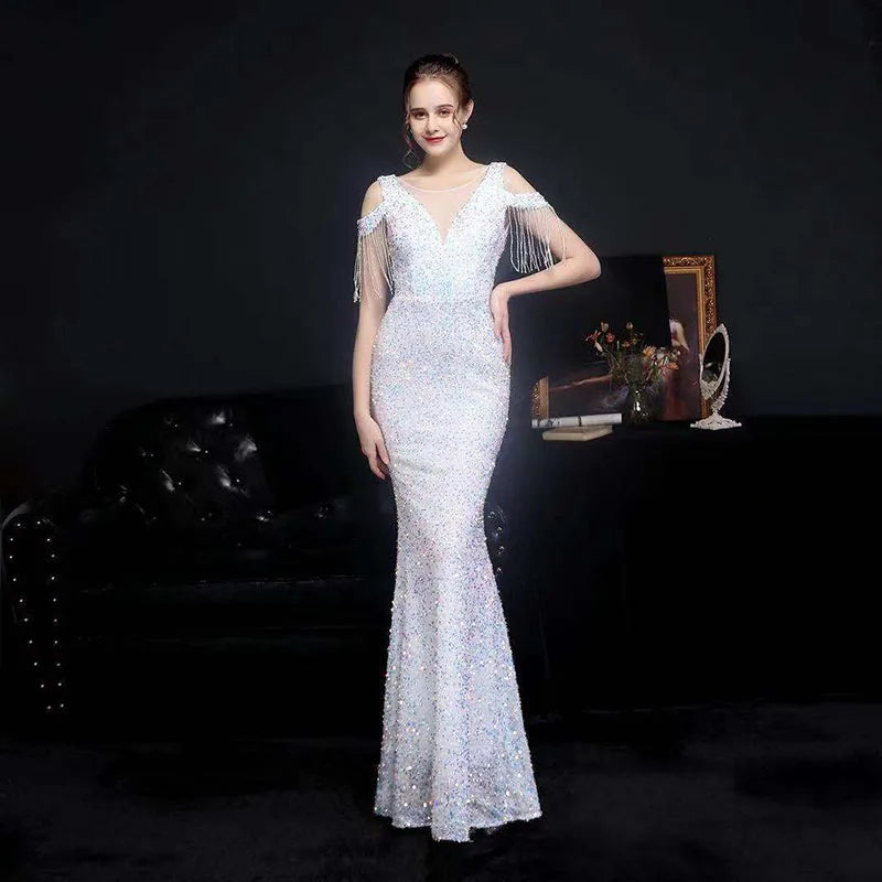 Evening Gown- Sparkling Sequin Fishtail Gown for Gala Nights- White- IndioGear Women Clothing