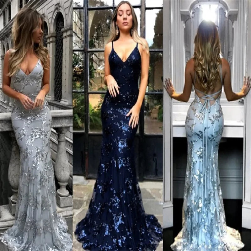 Evening Gown- Starlight Sequin Gala Maxi Gown Sweep Train Dress- - IndioGear Women Clothing