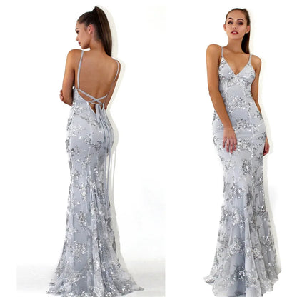 Evening Gown- Starlight Sequin Gala Maxi Gown Sweep Train Dress- - IndioGear Women Clothing