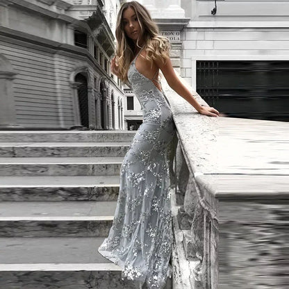 Evening Gown- Starlight Sequin Gala Maxi Gown Sweep Train Dress- - IndioGear Women Clothing