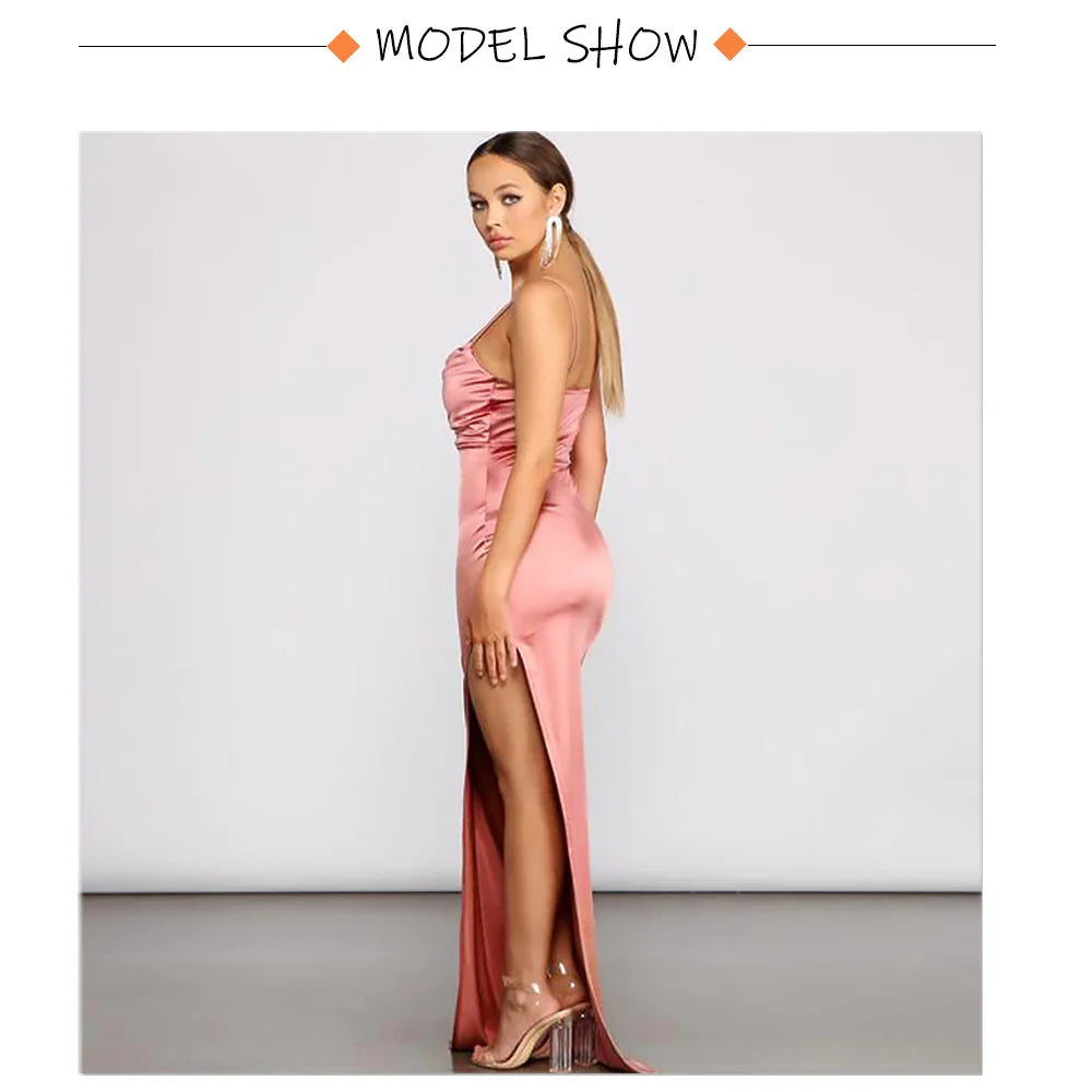 Event Dresses- Elegant Satin Split Maxi Dress - Evening Chic- - IndioGear.com