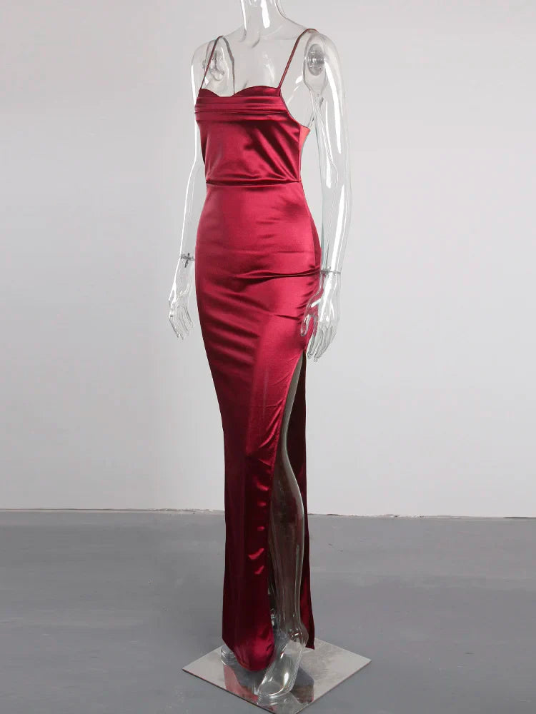 Event Dresses- Elegant Satin Split Maxi Dress - Evening Chic- - IndioGear.com