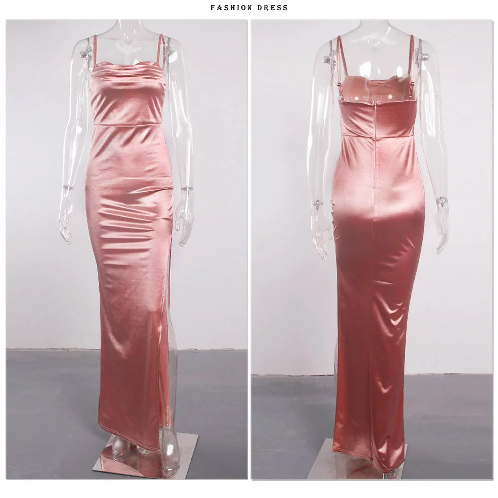 Event Dresses- Elegant Satin Split Maxi Dress - Evening Chic- - IndioGear.com