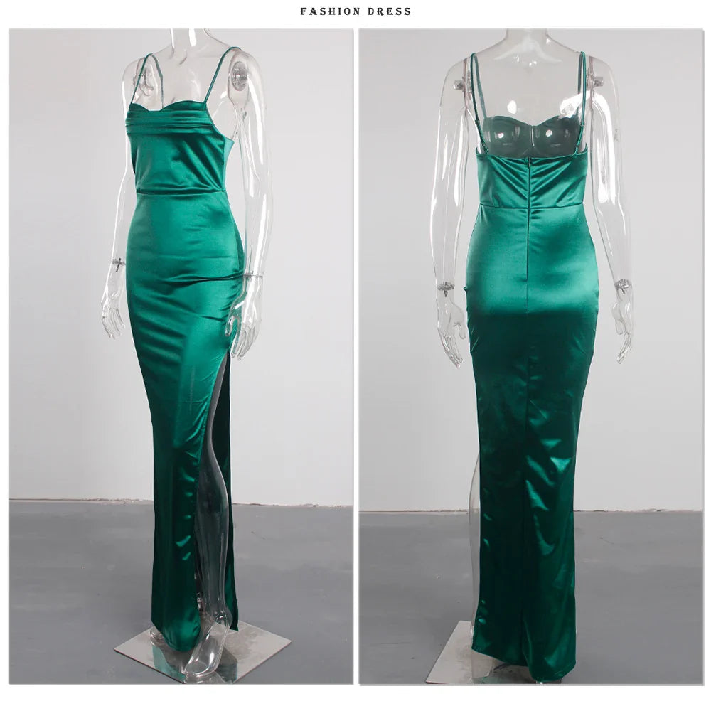 Event Dresses- Elegant Satin Split Maxi Dress - Evening Chic- - IndioGear.com