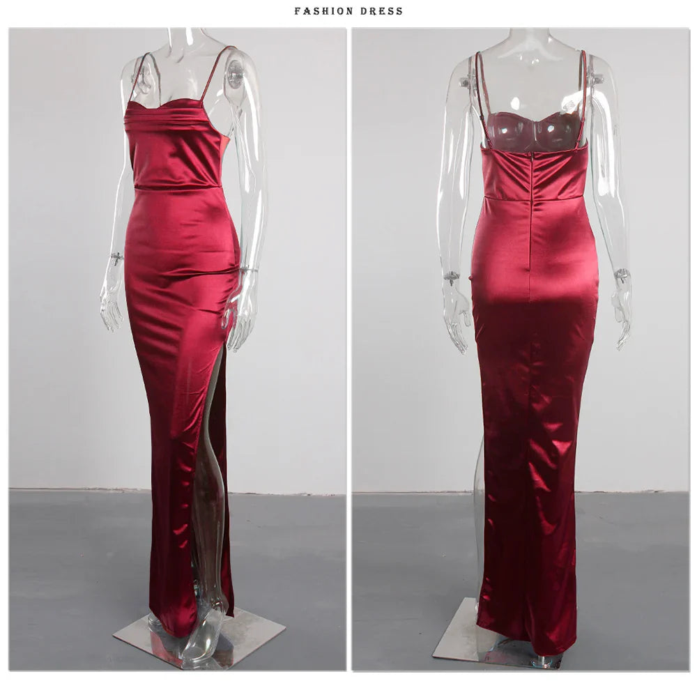 Event Dresses- Elegant Satin Split Maxi Dress - Evening Chic- - IndioGear.com