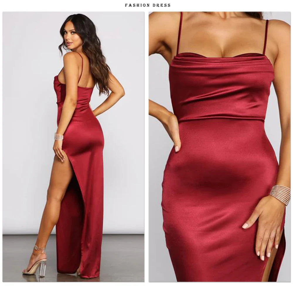 Event Dresses- Elegant Satin Split Maxi Dress - Evening Chic- - IndioGear.com