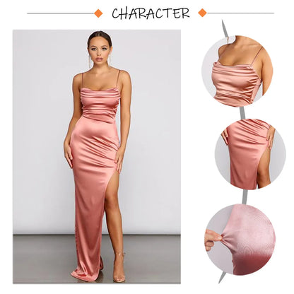 Event Dresses- Elegant Satin Split Maxi Dress - Evening Chic- - IndioGear.com