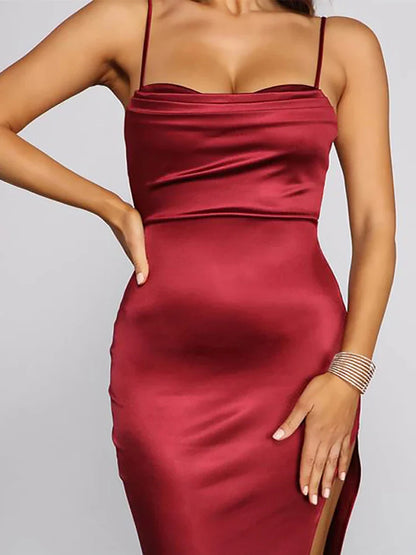 Event Dresses- Elegant Satin Split Maxi Dress - Evening Chic- - IndioGear.com