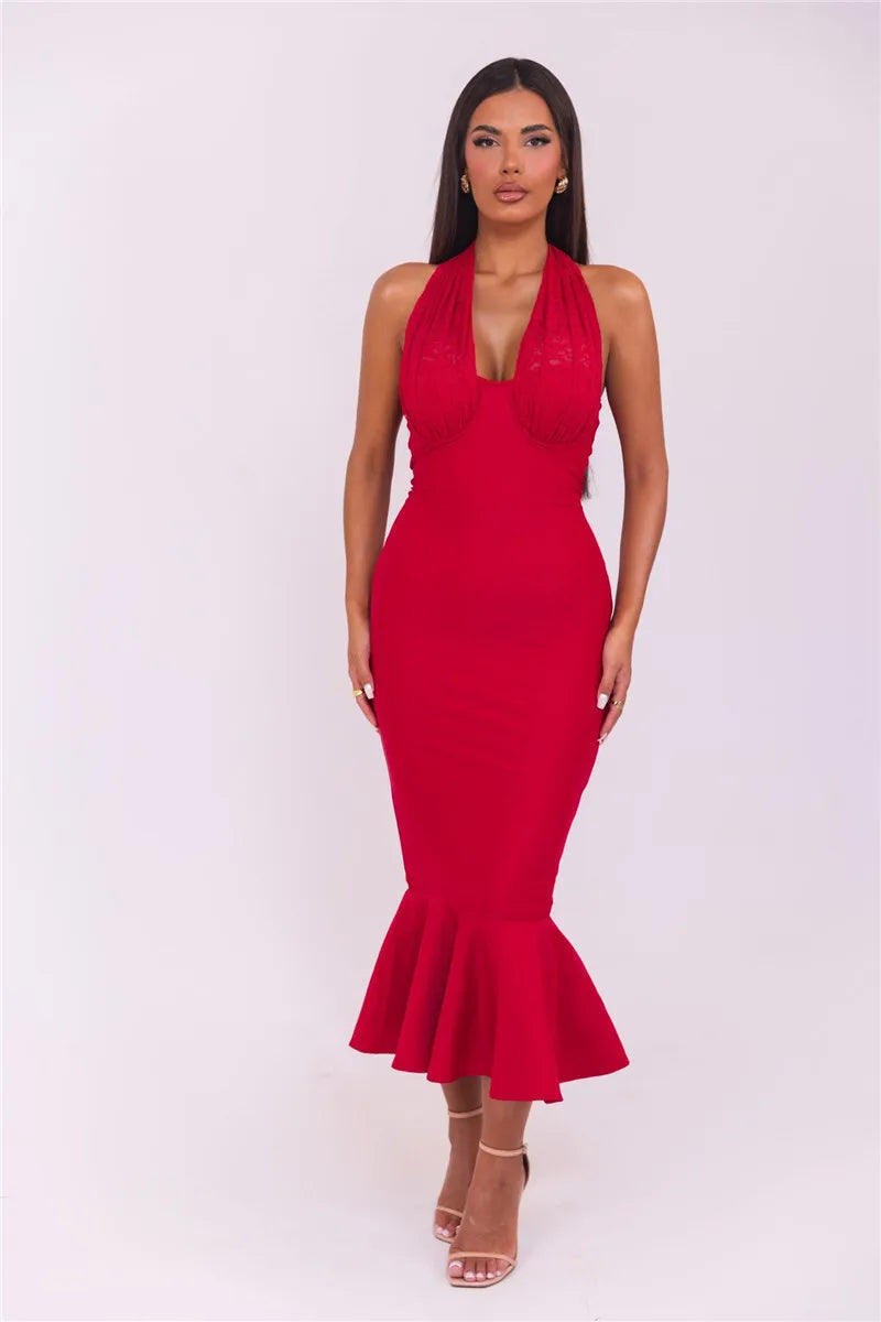 Event Dresses- Halter Elegance Mermaid Evening Dress- - IndioGear Women Clothing