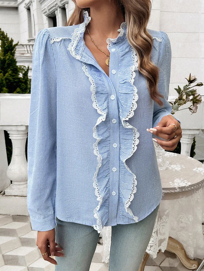 Fall Blouses- Fall Fashion Women's Striped Ruffle Button-Up Blouse- - IndioGear.com