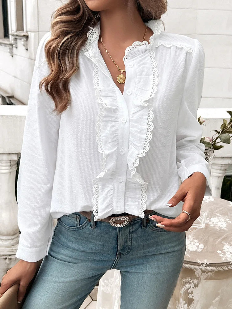 Fall Blouses- Fall Fashion Women's Striped Ruffle Button-Up Blouse- White- IndioGear.com