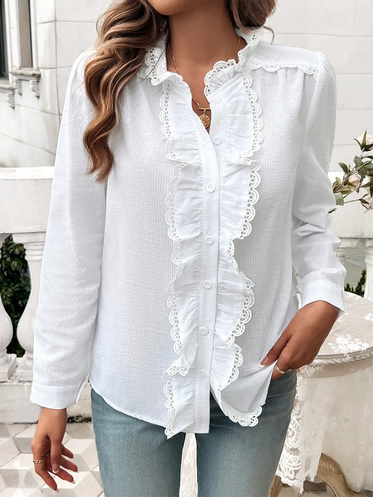 Fall Blouses- Fall Fashion Women's Striped Ruffle Button-Up Blouse- - IndioGear.com