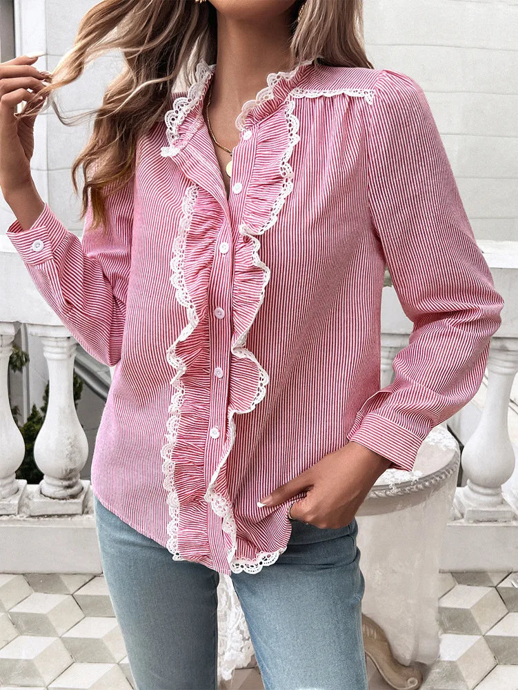 Fall Blouses- Fall Fashion Women's Striped Ruffle Button-Up Blouse- - IndioGear.com