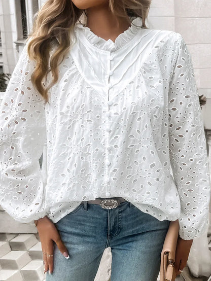 Fall Blouses- Fall Women's Textured Eyelet Blouse with Lantern Sleeves- White- IndioGear.com