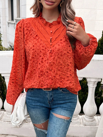 Fall Blouses- Fall Women's Textured Eyelet Blouse with Lantern Sleeves- Orange- IndioGear.com