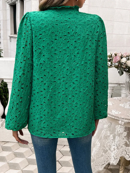 Fall Blouses- Fall Women's Textured Eyelet Blouse with Lantern Sleeves- - IndioGear.com