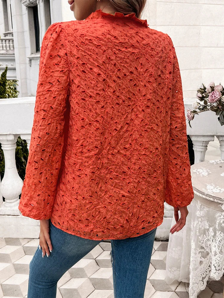 Fall Blouses- Fall Women's Textured Eyelet Blouse with Lantern Sleeves- - IndioGear.com