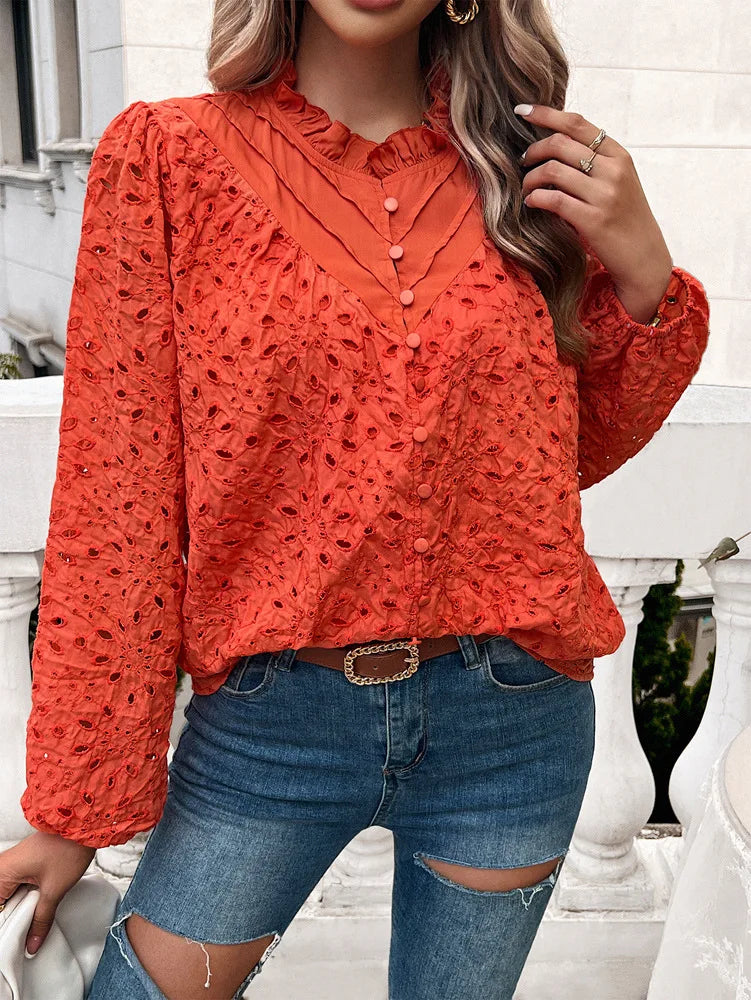 Fall Blouses- Fall Women's Textured Eyelet Blouse with Lantern Sleeves- - IndioGear.com