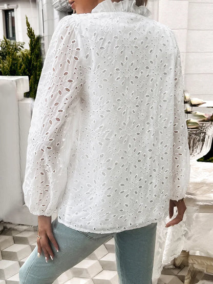 Fall Blouses- Fall Women's Textured Eyelet Blouse with Lantern Sleeves- - IndioGear.com